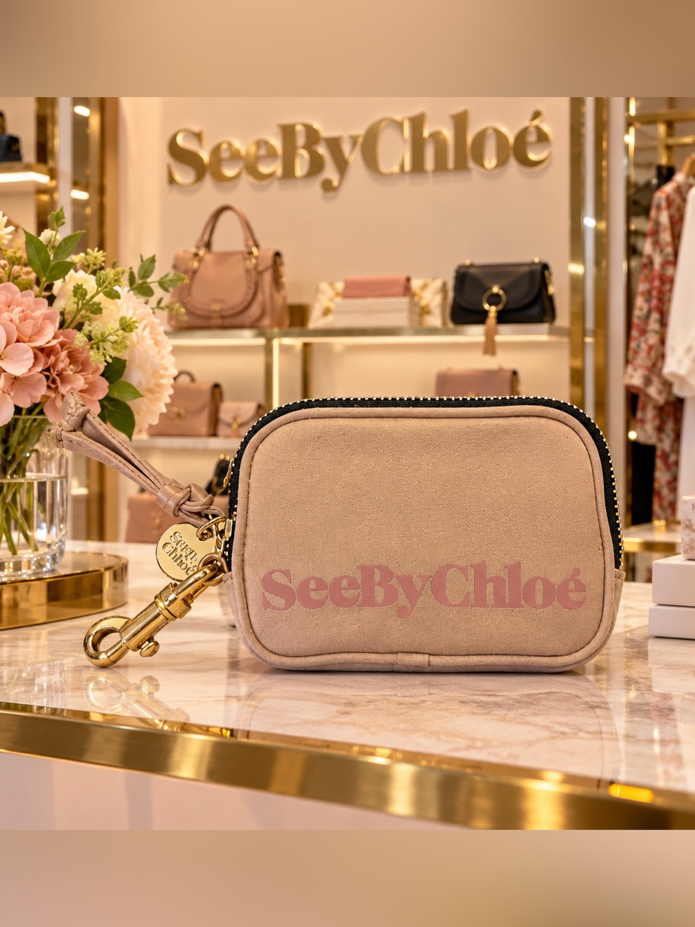 See By Chloe Pink Beige Suede Cosmetic Pouch with Pink Logo